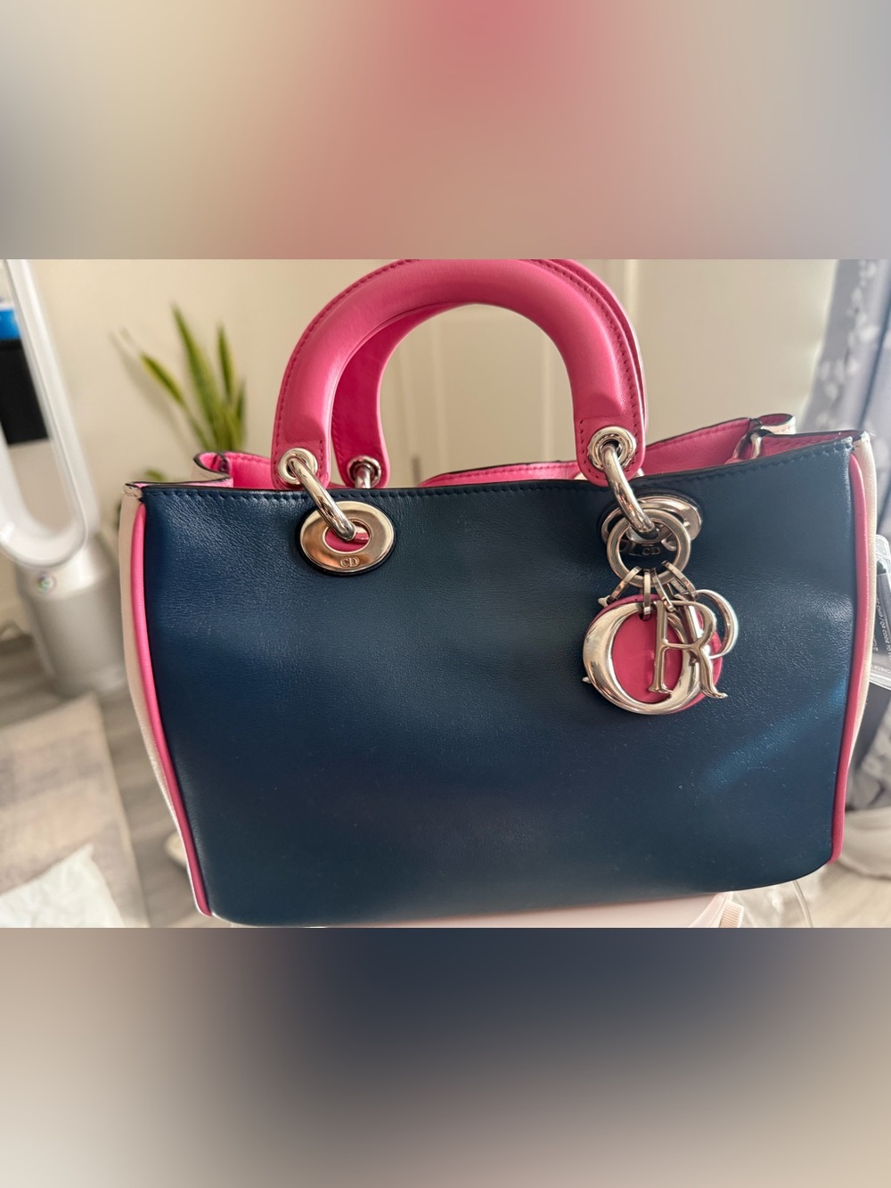 Pre-owned Dior Two-Tone Navy and Hot Pink Leather Tote